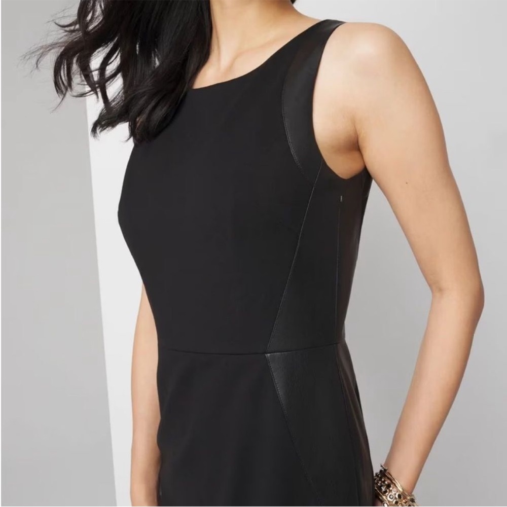 EUC WHBM Elegant Black Sleeveless Leather Trim Sheath Dress 10 - Picture 2 of 10